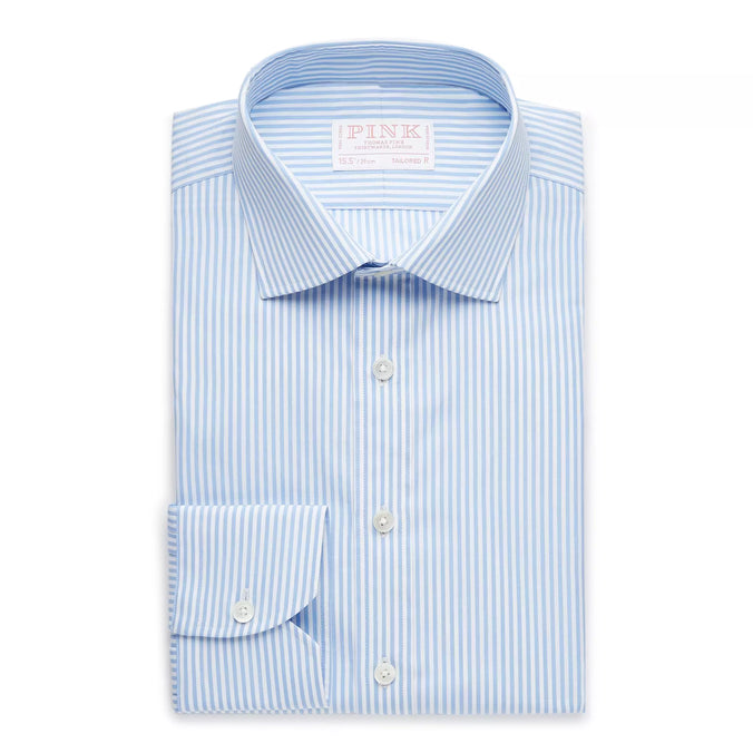 Pale Blue & White Tailored Fit Core Poplin Bengal Stripe Formal Shirt