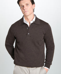 Chocolate Merino Wool Long Sleeve Polo Shirt