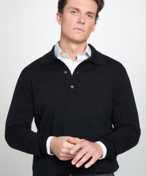 Black Merino Wool Long Sleeve Polo Shirt
