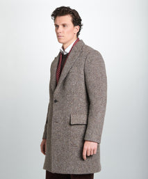 Brown British Wool Herringbone Peak Lapel Overcoat