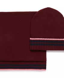 Burgundy Red Knitted Merino Wool Hat & Scarf Set