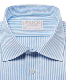 Pale Blue & White Tailored Fit Double Cuff Core Poplin Bengal Stripe Formal Shirt