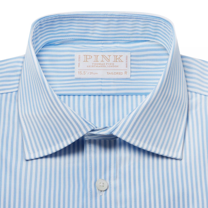 Pale Blue & White Tailored Fit Double Cuff Core Poplin Bengal Stripe Formal Shirt