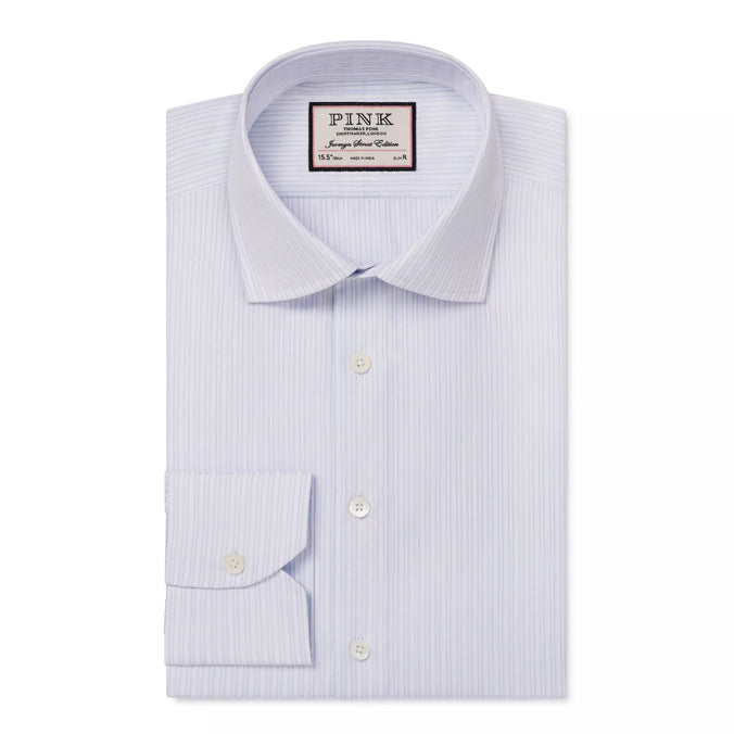 Pale Blue & White Slim Fit Dobby Satin Stripe Formal Shirt