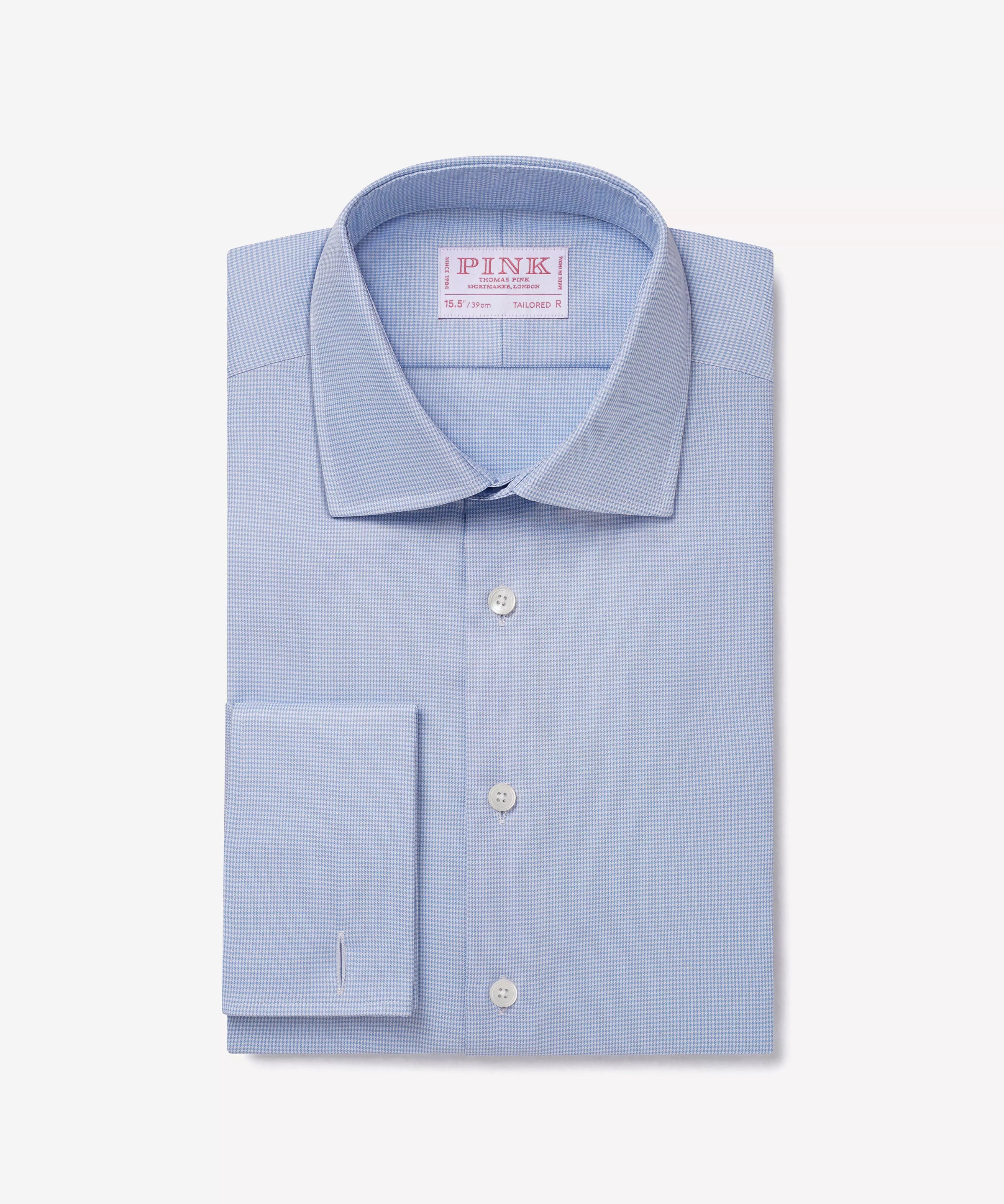 Blue & White Tailored Fit Double Cuff Micro Puppytooth Formal Shirt