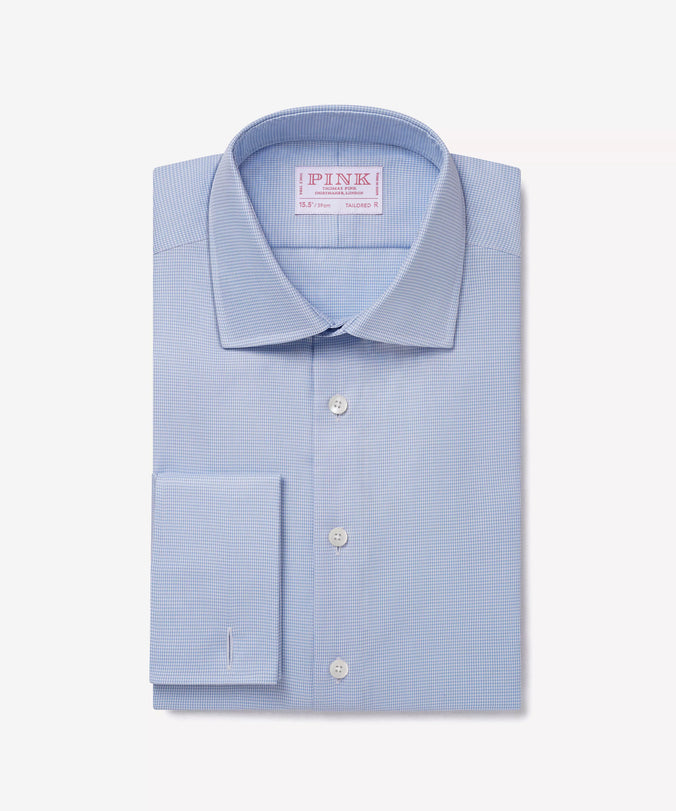 Blue & White Tailored Fit Double Cuff Micro Puppytooth Formal Shirt