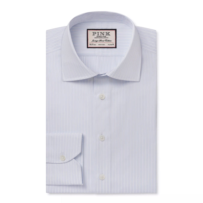 Pale Blue & White Tailored Fit Dobby Satin Stripe Formal Shirt