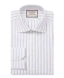 White & Green Tailored Fit Wide Pin Stripe Formal Shirt