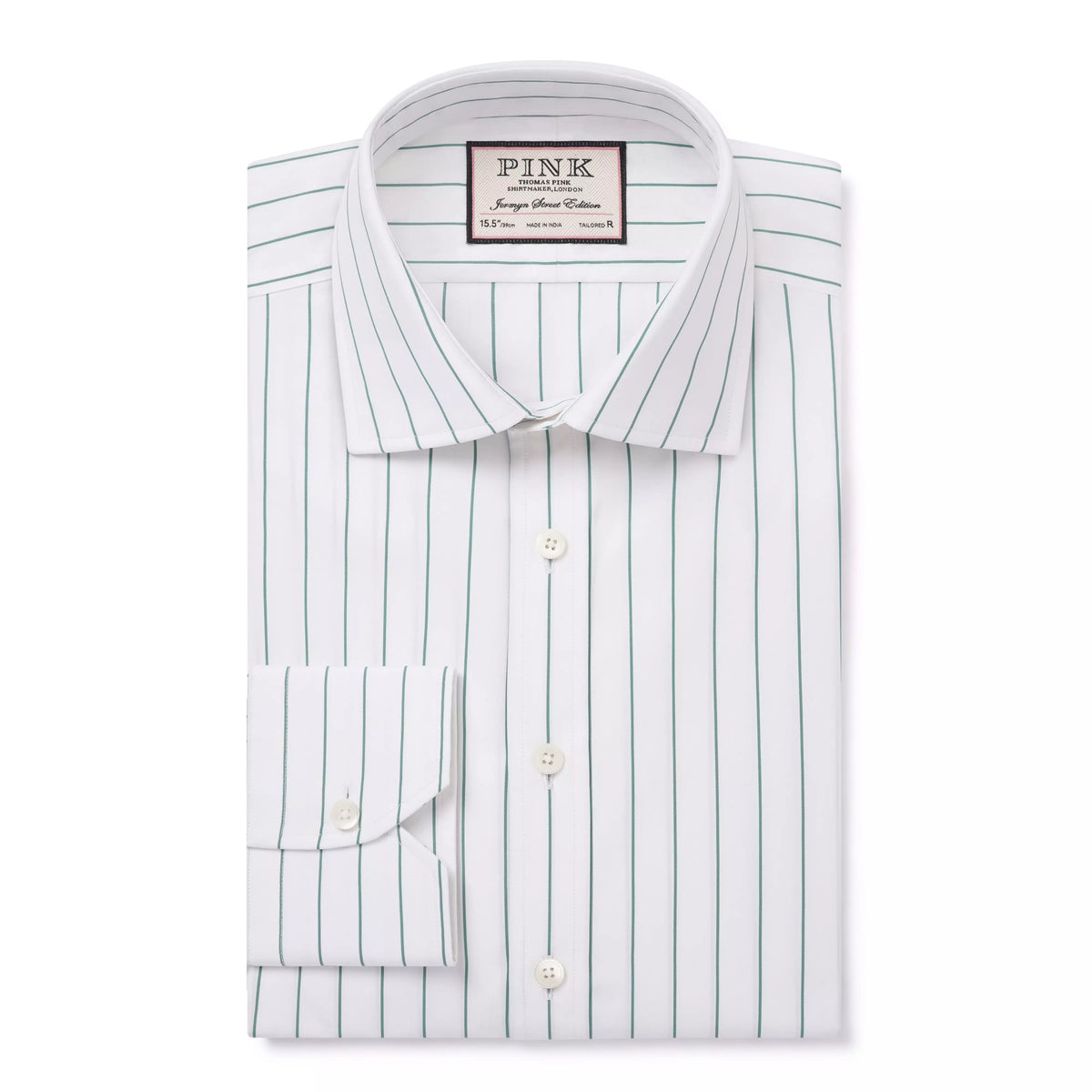 White & Green Tailored Fit Wide Pin Stripe Formal Shirt
