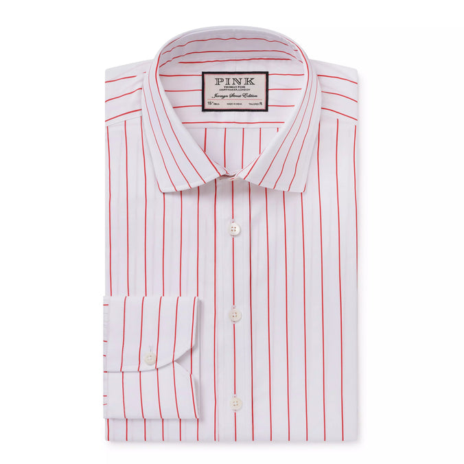 White & Red Tailored Fit Wide Pin Stripe Formal Shirt