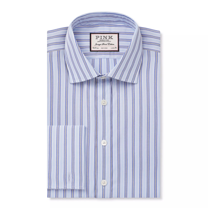 Pale Blue & White Classic Fit Double Cuff Berkeley Stripe Formal Shirt