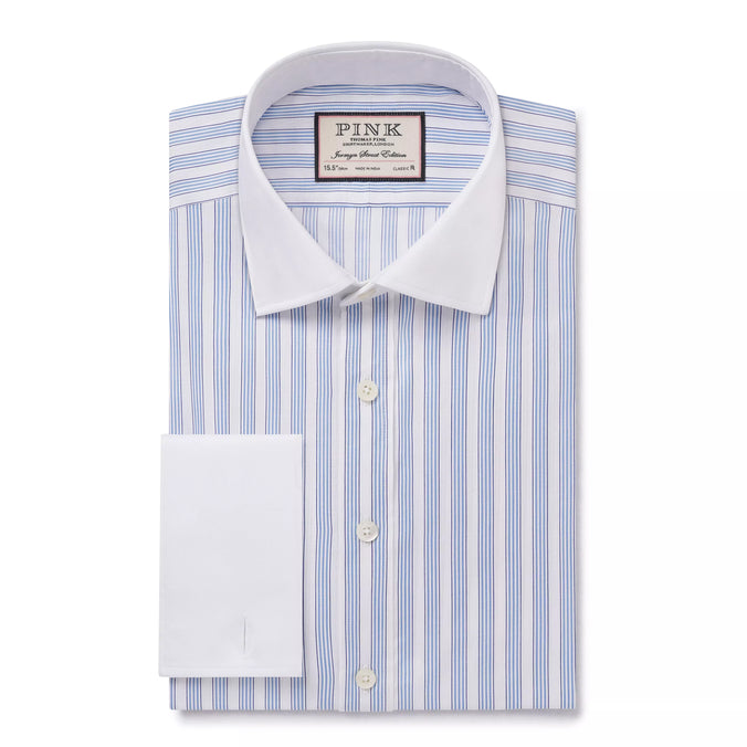 Pale Blue & White Classic Fit Double Cuff Barbican Stripe Formal Shirt
